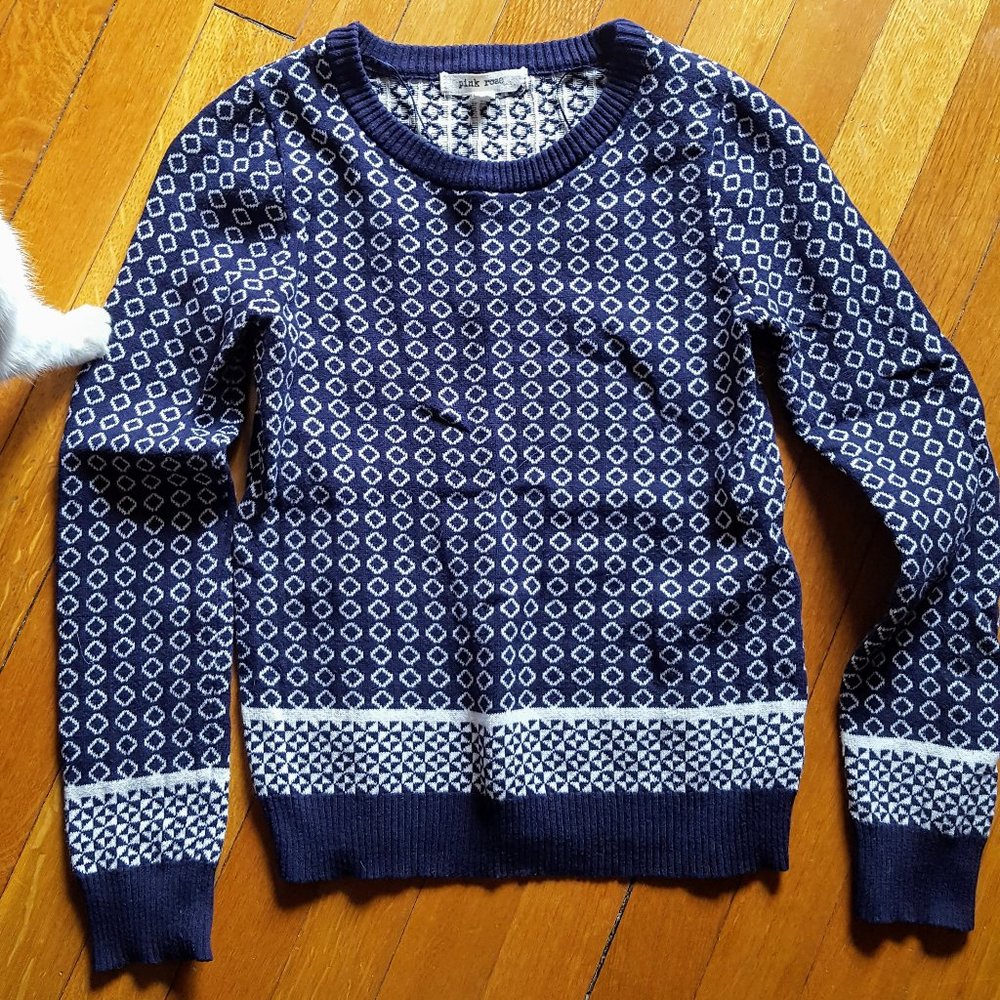 Navy Blue White Diamond Cotton Sweater Size S